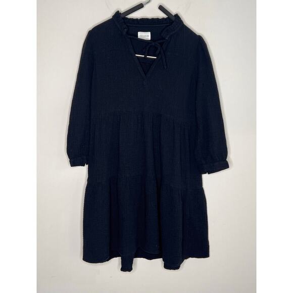 Honorine Giselle Cotton Gauze 3/4 Sleeve Tiered Mini Dress Black Women's Size XS - Picture 2 of 8